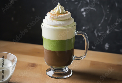 Matcha latte coffee in glass cup with whipped cream  detailled