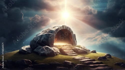 Easter resurrection background, with an empty stone tomb and light rays from the clouds generative ai  photo