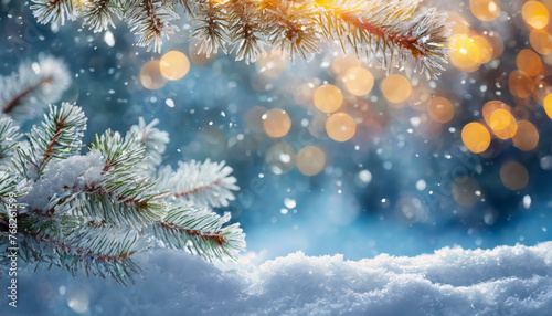 A pine tree covered in snow with lights shining on it, beautiful winter background image of frosted spruce branches and small drifts of pure snow