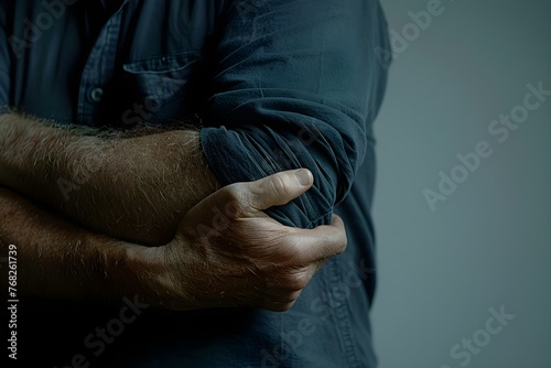 Close-up of a man's hand holding his elbow on a grey background depicting a medical injury or arthritis. Concept Medical Injury Portrayal, Close-up Hand Shot, Grey Background, Arthritis Concept