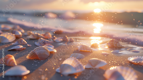 Sea shells on the beach at sunset. Seascape background.