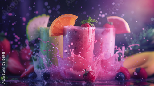 Fruit smoothies in a glass with splashes of water. photo