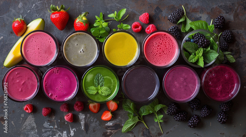 Smoothies with fresh berries and fruits on dark background, top view