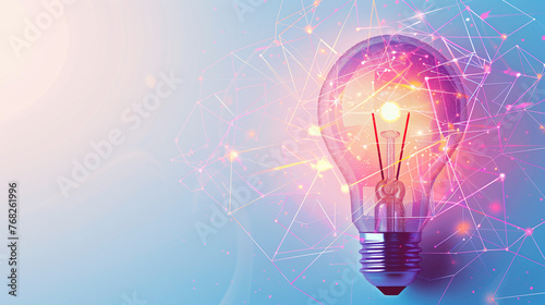 Conceptual image with light bulb and connection lines on blue background