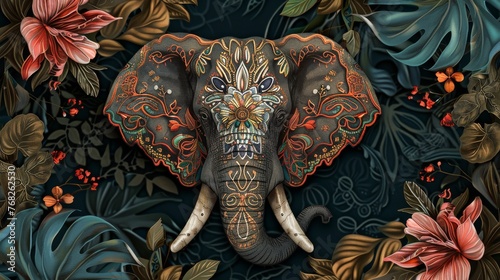 Illustration of an elegant Elephant head with rich, dark colors and ornate patterns against the backdrop of lush floral motifs created with Generative AI Technology