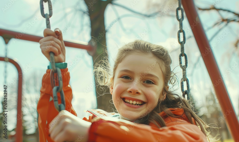 A spring time. A smiling child girl has fun riding a swing A spring time. A smiling child girl has fun riding a swing