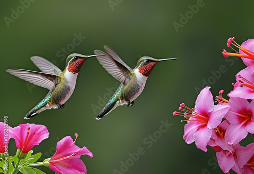Hummingbirds in pairs and a pink flower. Hummingbirds with fiery throats soaring next to a gorgeous blooming flower in Savegre, Costa Rica. Natural action scene with fauna.  photo