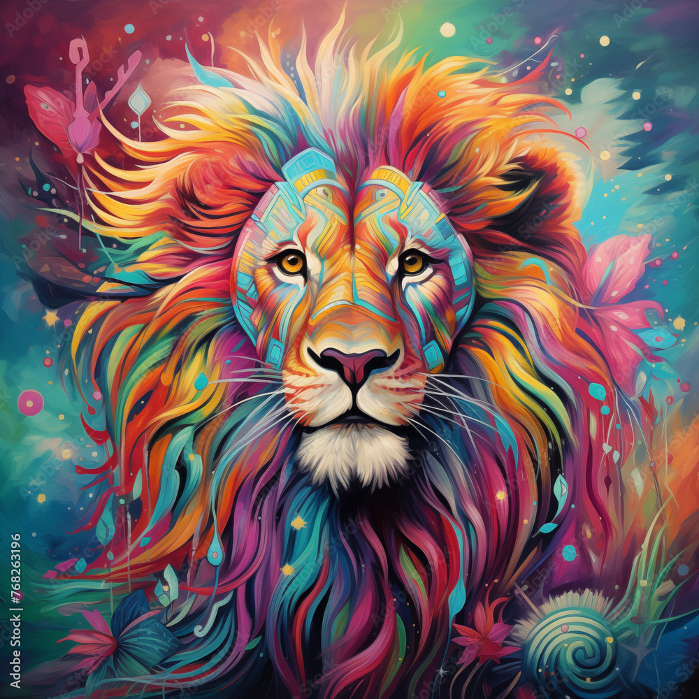 A trippy, colorful Picture of a Lion