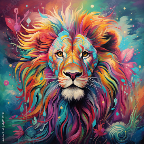 A trippy  colorful Picture of a Lion