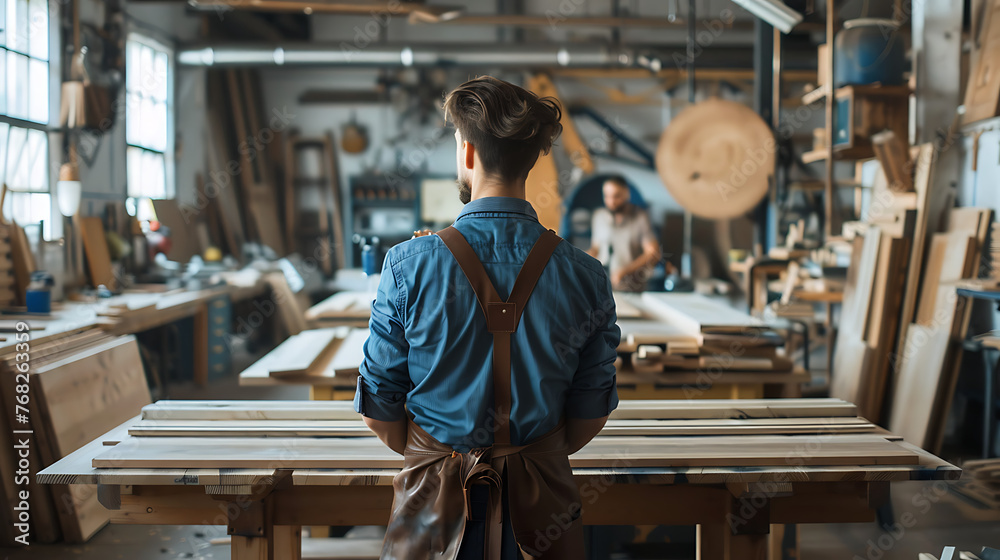 The image depicts a person in a woodworking shop The image depicts a person in a woodworking shop