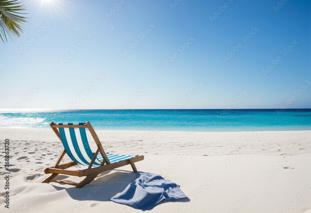 Beautiful stunning beach summer concept with chair white sand and blue skies. 
