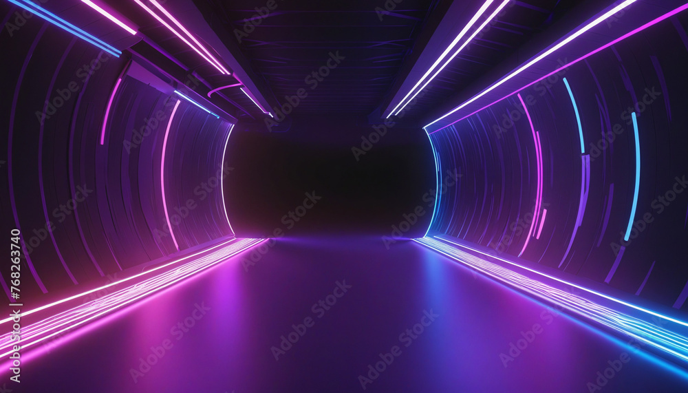 Fototapeta premium 3d render, abstract colorful neon background, tunnel turning to the right, ultra violet rays, glowing lines, cyber network data, speed of light, space and time, highway night lights