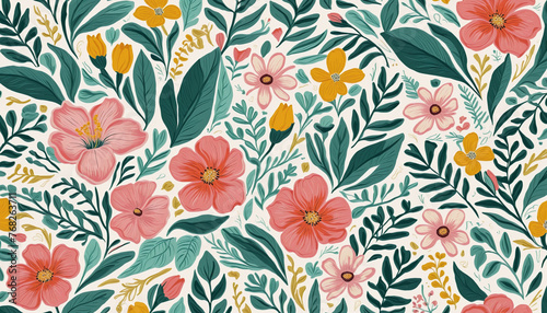 Abstract hand drawn flower art seamless pattern illustration. Acrylic paint nature floral background in vintage art style. 
