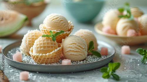 Melon flavored ice cream in a waffle cone with mint leaves and melon slices. Melon ice cream.