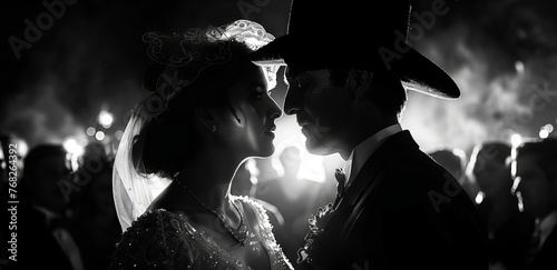 Wedding of a Mexican couple in love, black and white photo with high contrast. Concept: celebration photo shoot, emotions and relationships between lovers photo