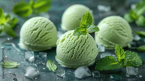 Green mint flavor ice cream with fresh leaves ingredients, dessert background
