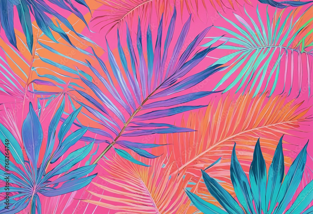 Tropical palm leaves in vibrant neon gradient, holographic colors. minimal art concept.
