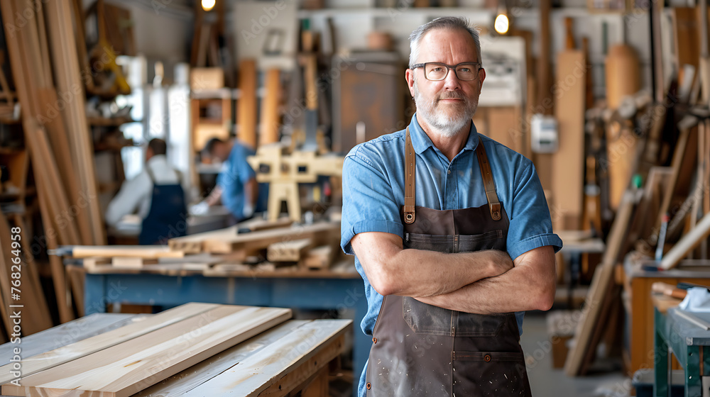 The image depicts a person in a woodworking shop The image depicts a person in a woodworking shop