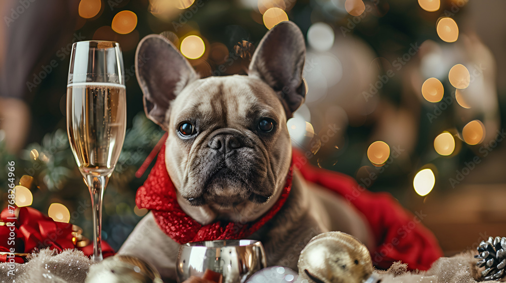 French Bulldog drinking champagne on New Years Eve, new year's eve party with a champagne drinking dog, crazy French bulldog with glass and hat, Generative Ai