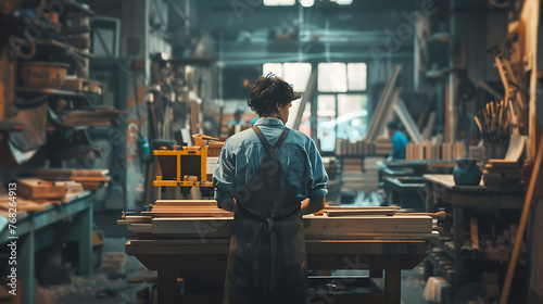 The image depicts a person in a woodworking shop