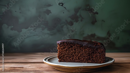a slice of moist chocolate cake on porcelane plate on a worn wooden table. dark greenish wall in the background. generative AI