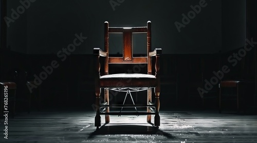 Illustration of an electric chair in an abandoned room, engulfed in lightning.
Concept: Mystical scenes and horrors of execution, electric voltage sentence, psychological thrillers