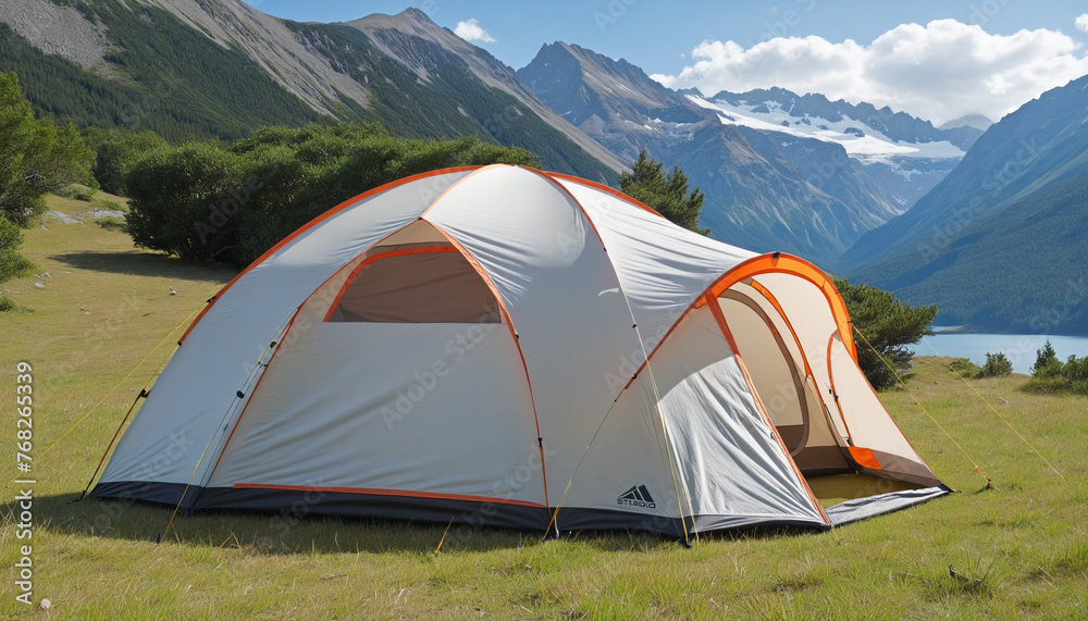 Camping tent in a stunning landscape.