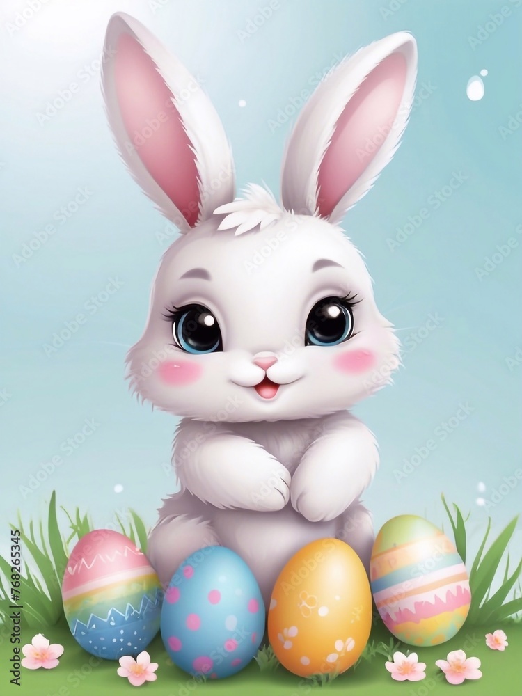 Fototapeta premium Cute holiday greeting card illustration for Easter with a cute cartoon Easter bunny. Happy Easter cute poster, banner art design