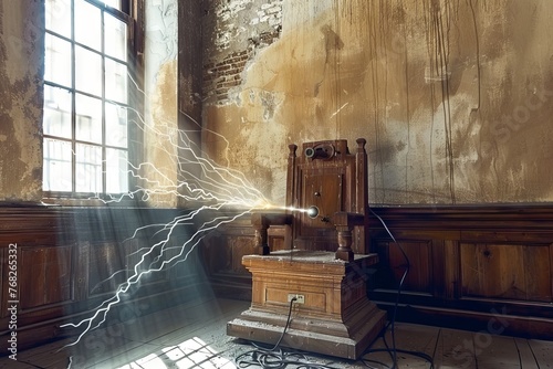 Illustration of an electric chair in an abandoned room, engulfed in lightning.
Concept: Mystical scenes and horrors of execution, electric voltage sentence, psychological thrillers photo