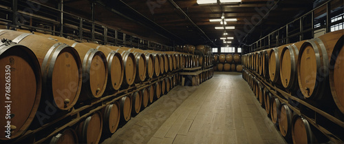 Whiskey, bourbon, scotch barrels in an aging facility.  photo
