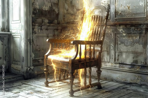 Illustration of an electric chair in an abandoned room, engulfed in lightning. Concept: Mystical scenes and horrors of execution, electric voltage sentence, psychological thrillers