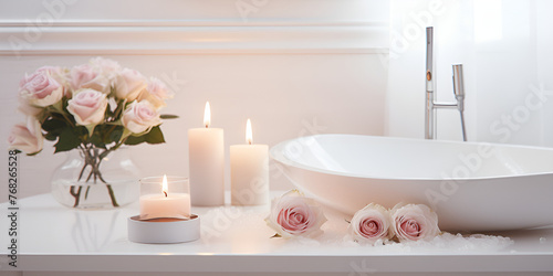 Elegant White Bathroom Interior with Modern Vessel Sink  A bath tub with candles and flowers on it 