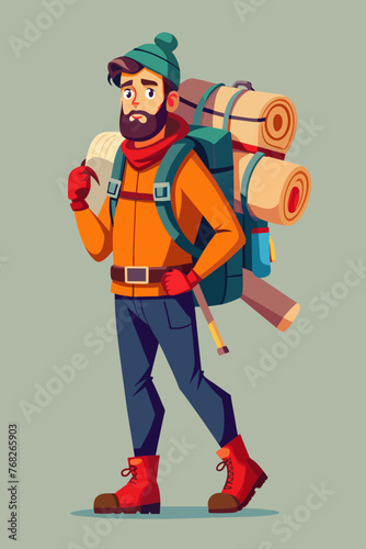 Vector illustration of a backpacker with a lot of stuff on its back.