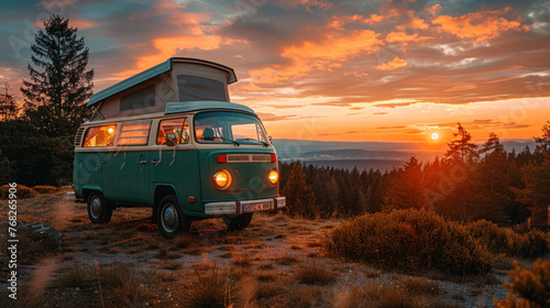  Vintage camper van in beautiful nature at sunset, A concept of freedom, adventure, and the joy of travel