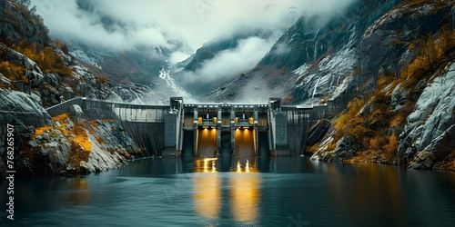 Panoramic view of a hydroelectric dam showcasing energy production and environmental preservation through innovative technology. Concept Hydroelectric Power, Dam Infrastructure, Energy Innovation photo