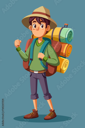 Vector illustration of a backpacker with a lot of stuff on its back.
