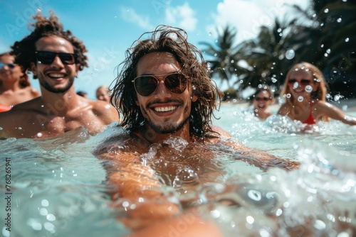 Young trendy people having fun swimming in summer vacation