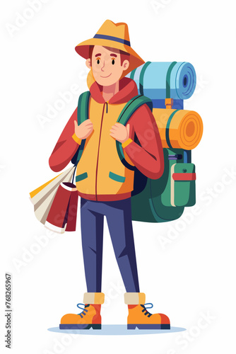 Vector illustration of a backpacker with a lot of stuff on its back.