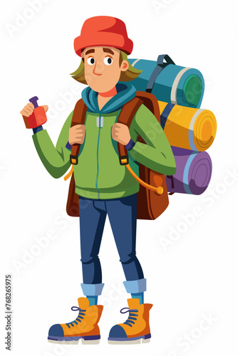 Vector illustration of a backpacker with a lot of stuff on its back.