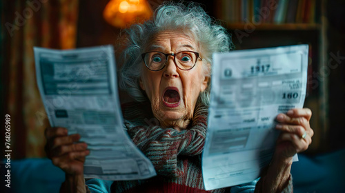 Sad, confused surprised, shocked senior old woman disgusted at monthly statement. An elderly mature woman senior screams and gets sad because of the increase in utility bills for light. photo