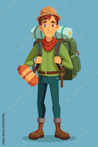 Vector illustration of a backpacker with a lot of stuff on its back.