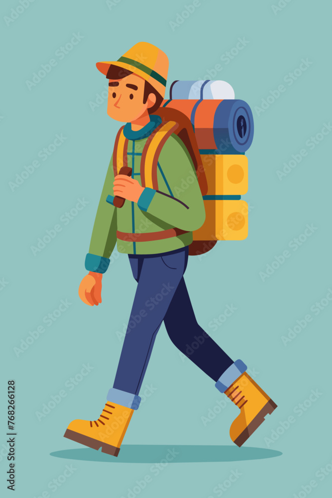 Vector illustration of a backpacker with a lot of stuff on its back.