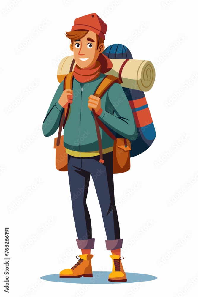 Vector illustration of a backpacker with a lot of stuff on its back. Vector illustration of a backpacker with a lot of stuff on its back.