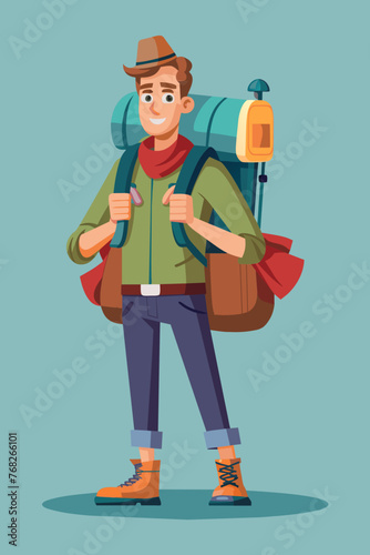 Vector illustration of a backpacker with a lot of stuff on its back.