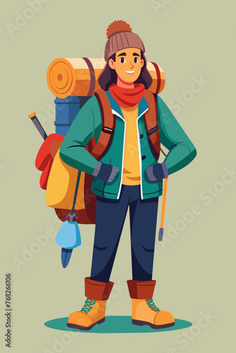 Vector illustration of a backpacker with a lot of stuff on its back.