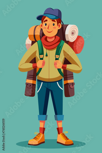 Vector illustration of a backpacker with a lot of stuff on its back.