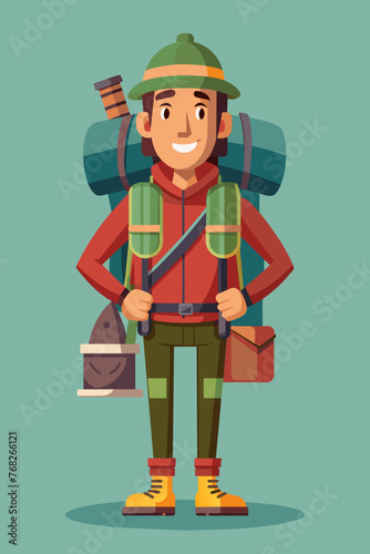 Vector illustration of a backpacker with a lot of stuff on its back.