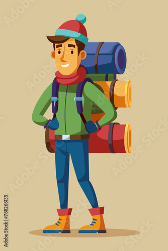 Vector illustration of a backpacker with a lot of stuff on its back.
