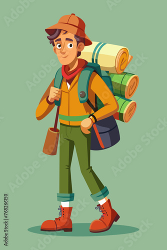 Vector illustration of a backpacker with a lot of stuff on its back.