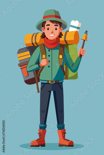 Vector illustration of a backpacker with a lot of stuff on its back.